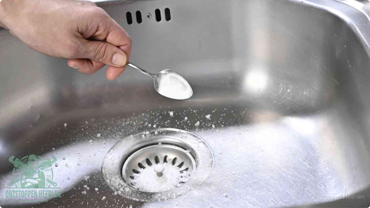 Een hand strooit met een lepel soda in de afvoer van een roestvrijstalen spoelbak, de soda en azijn huismiddel-methode om de afvoer te ontstoppen in Heerlen