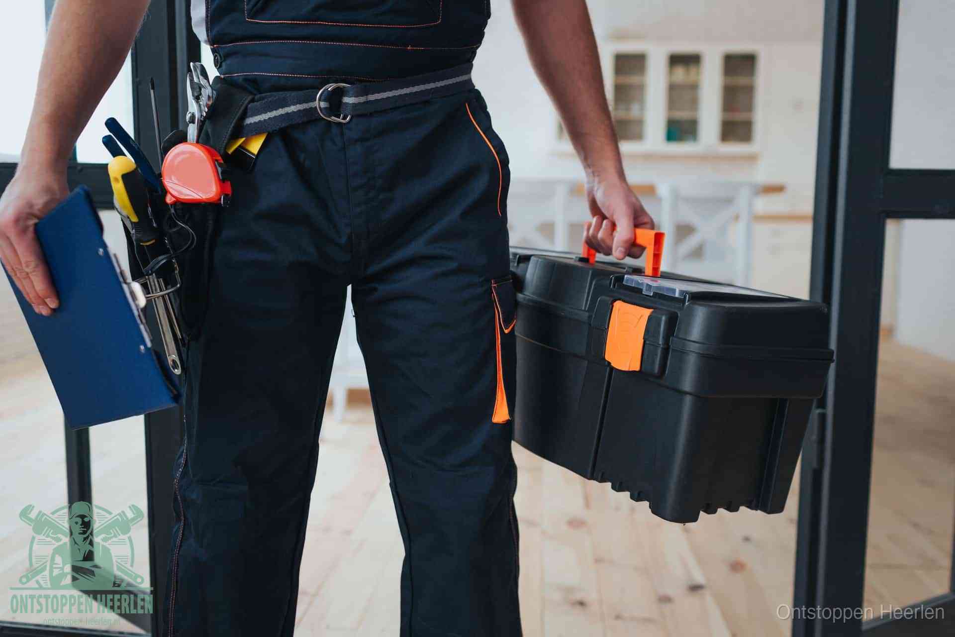 Een monteur met gereedschapsriem en klembord, klaar om een transparante prijs voor het afvoer ontstoppen in Heerlen te geven