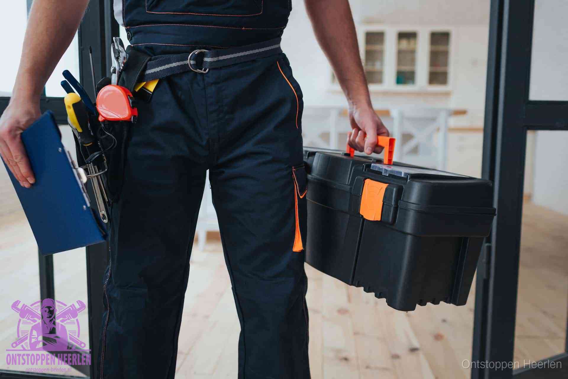 Een monteur met gereedschapsriem en klembord, klaar om een transparante prijs voor het wc ontstoppen in Heerlen te geven