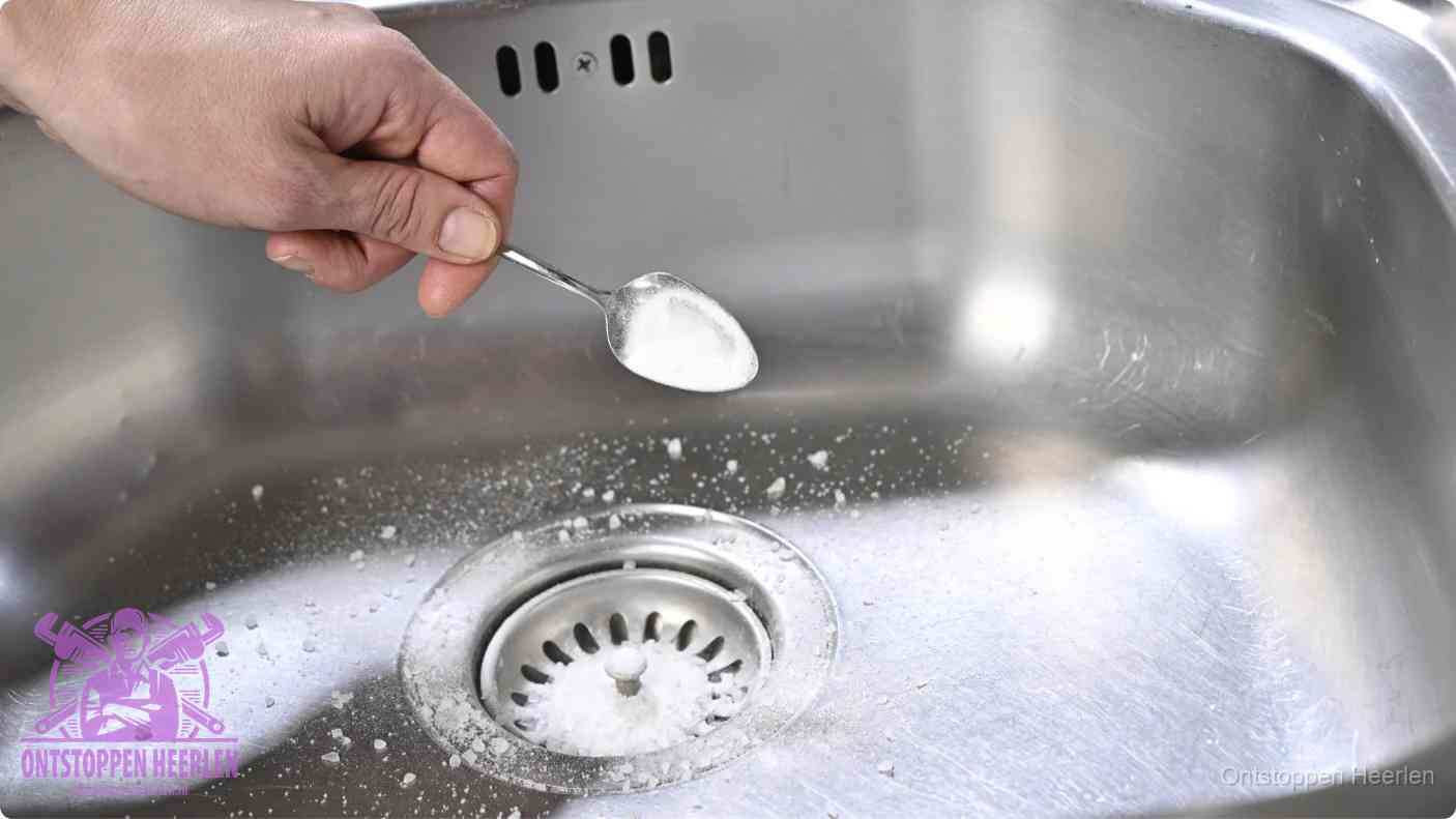 Een hand strooit met een lepel soda in een afvoerputje, de soda en azijn huismiddel-methode om de wc te ontstoppen in Heerlen