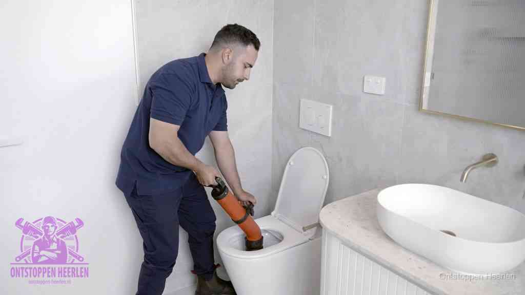 Een man gebruikt een handmatige luchtdruk-ontstopper in een modern betegeld toilet om zelf de wc te ontstoppen in Heerlen